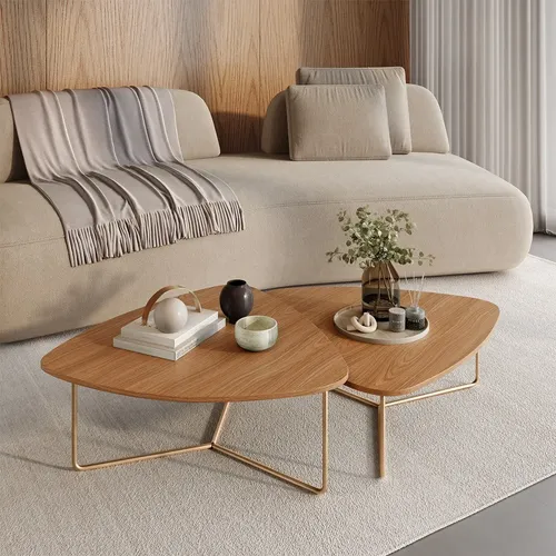 Kit 2 Mesas De Centro Para Sala Design Orgânico Dourada Mdf Freijó