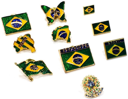 Coleção De 10 Bótons Pins Tema Brasil Bandeira Mapa Souvenir