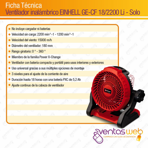 Imagen 9 de 10 de Ventilador Inalambrico 18v Einhell 180mm 3 Niveles Sin Bat