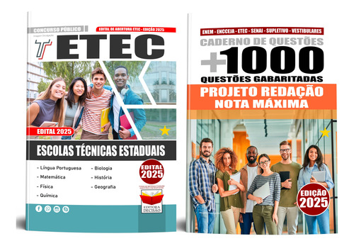 Apostila Etec - Escolas Técnicas Estaduais + Caderno De Provas E Redação - Edital - Atualizada - Concurso