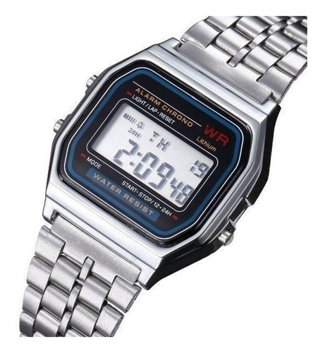 Reloj pulsera Casio Vintage 159wa de cuerpo color plateado, digital, fondo negro, con correa de acero inoxidable