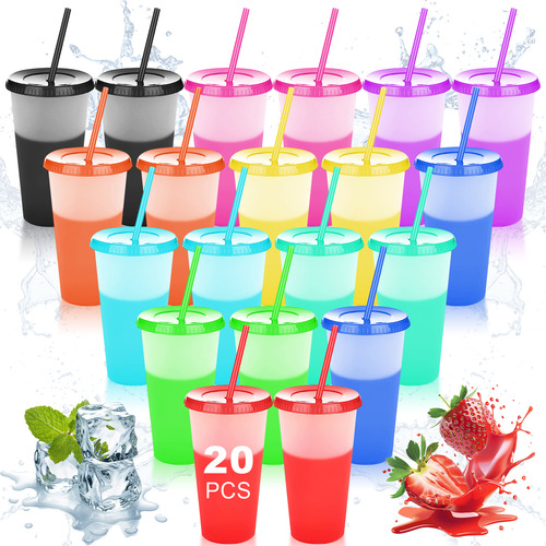 20pzs Vasos Magicos Cambian De Color Con Tapa Y Popote 710ml