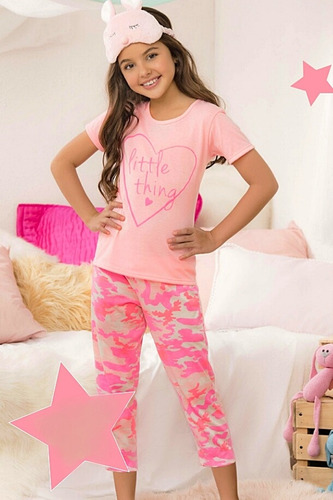 Conjunto Corazon Niña Pijama Capri Neon Rosado Infantil 