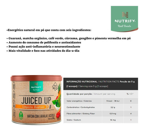 Juiced Up - Nutrify - 200g - Superfood Sabor Matcha Com Laranja E Acerola