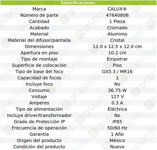 Lámpara Empotrable De Piso Gx5.3 / Mr16 36.75w Cromada Calux