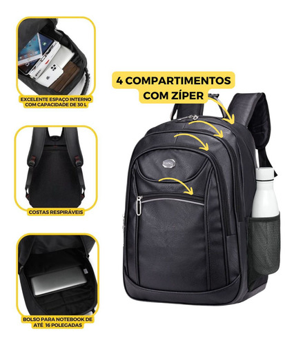 Mochila Costas Notebook Couro Pu Executiva Multifuncional Reforçada Cabo De Aço