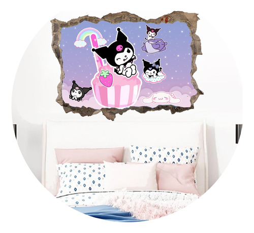 Vinilos Pared Rota 3d Mural Kuromi Cinnamonroll Kitty