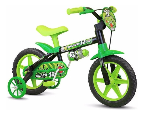 Bicicleta  urbana infantil Nathor Black   12 freios tambor cor preto/verde com rodas de treinamento