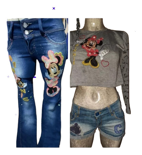 Duo Jean Bordado Minnie Detalle + Crop Top Minnie 