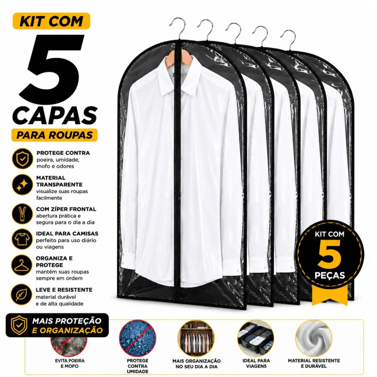 05 Capas Proteção Protetora Para Terno Camisa Blazer Paletó Livre Sujeira Mofo Organização Zíper