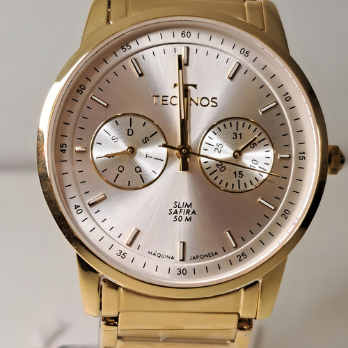Relógio Technos Masculino Slim Dourado - 6p25bz/1k Bisel Prata