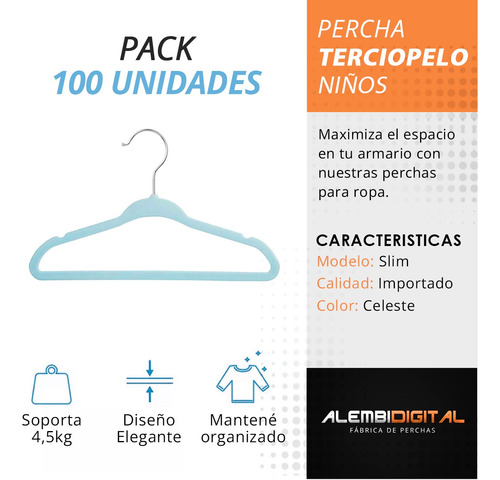 Pack 100 Perchas Felpa Terciopelo Slim Celeste Infantil