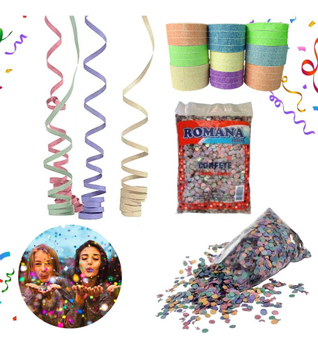 Kit 5 Confetes 120gr Carnaval Festa Folia 24 Rolo Serpentina