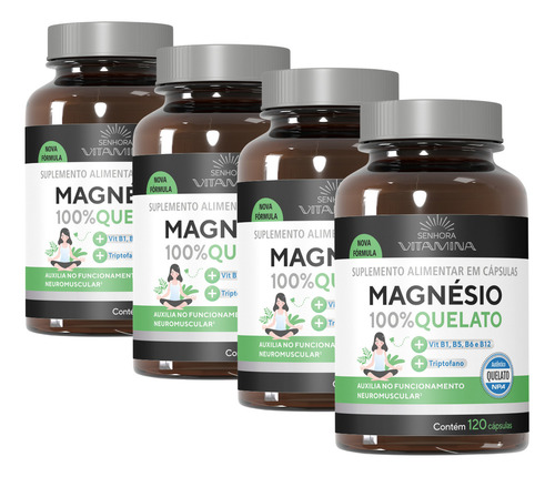 Magnésio 100% Quelato 350 Mg Com Vitaminas B5 E B6 (4 Potes) Sabor Sem sabor