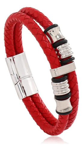 Pulsera Doble Cierre Magnetico Cuero Trenzado Rojo Strass