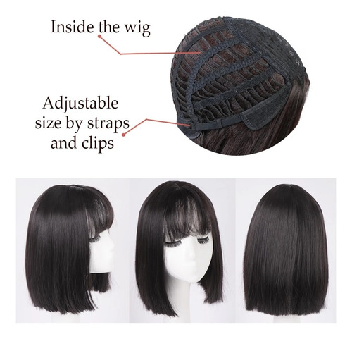 Peluca Negra Cabello Sintético Lacio Corto Con Fleco Liso