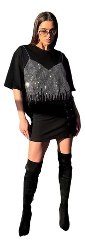 Camiseta De Manga Corta Rhinestone Para Mujer