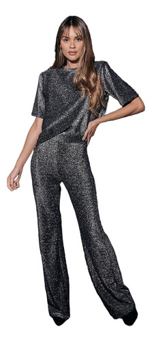 Pantalon Oxford Lurex Elastizado Tiro Alto Fiesta Noche 