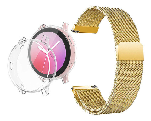 Kit Pulseira + Pelicula + Case Para Galaxy Watch Active 2 44 Cor Gold - Transparente Largura 20 Mm