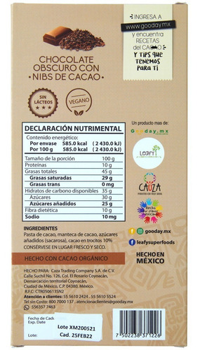 Imagen 3 de 7 de Barra De Chocolate Oscuro Con Nibs De Cacao Xoco Maya