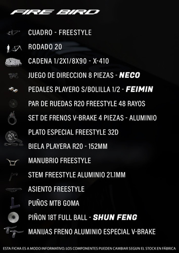 Bicicleta Freestyle Fire Bird Rodado 20