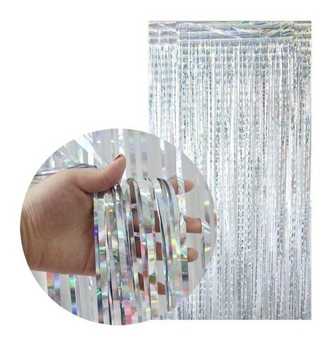 Cortina Holografica Plateada Lluvia Plata Feliz Cumpleaños
