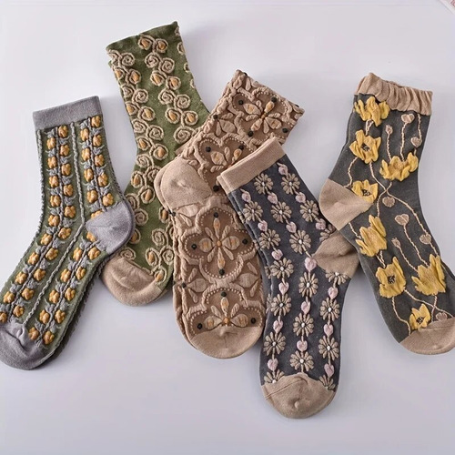5 Pares De Meias Florais 3d Texturizadas, Estilo Vintage
