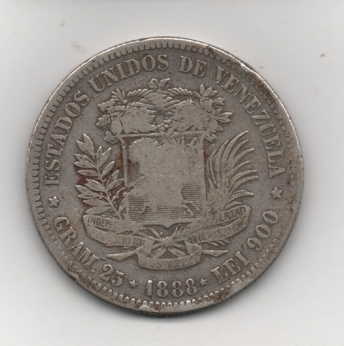 Moneda De 5 Bs Plata  Fuerte  1888
