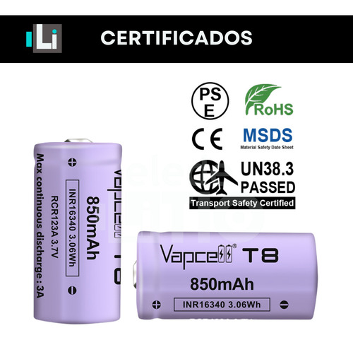 2 Baterias 16340 Vapcell Inr16340 850mah 3a Rcr123a