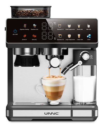 Cafetera Unnic Espresso Con Molinillo Granos Digital Tactil Con Deposito De Leche Acero Inoxidable Para Barista De 20 Bares 1350w Espumador 2.6 L Calienta Tazas Café Caliente Frio Desayuno Color Negro