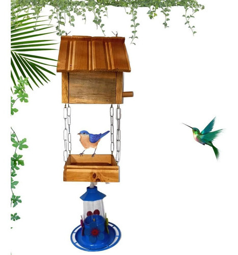 Planta de tratamiento y comedero para pájaros y bebedero de madera