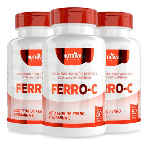 Kit 3x Ferro Com Vitamina C 60 Cápsulas - Nutrivale