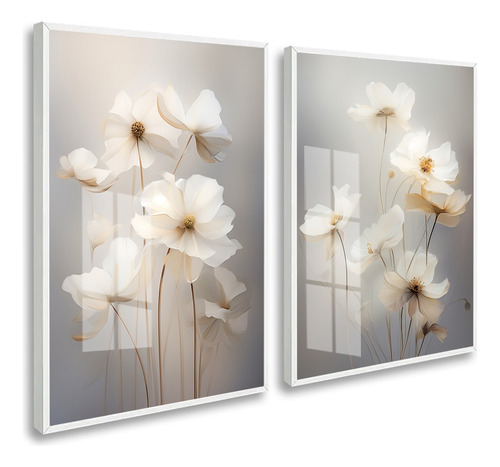 Kit 2 Quadros Decorativo Flor Branca Luxo Sala Moldura Vidro