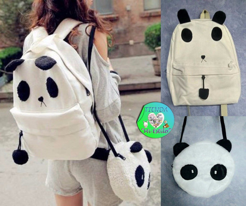 Set De Mochila De Panda Peluche + Bolsito De Panda 