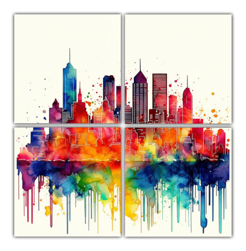 160x160cm Conjunto 4 Cuadros Arte Urbano Ciudad Acuarela