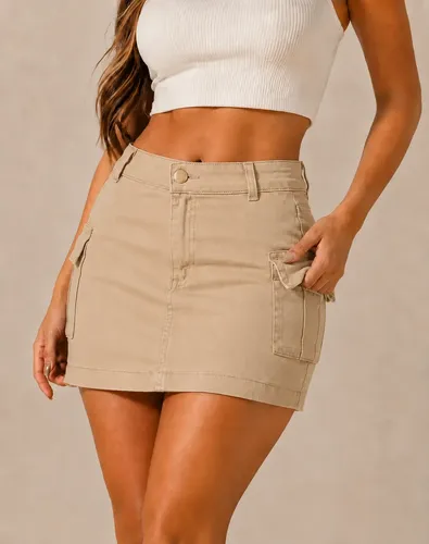 Saia Cargo Feminina Cintura Alta Com Lycra Levanta Bumbum - R$ 48,9