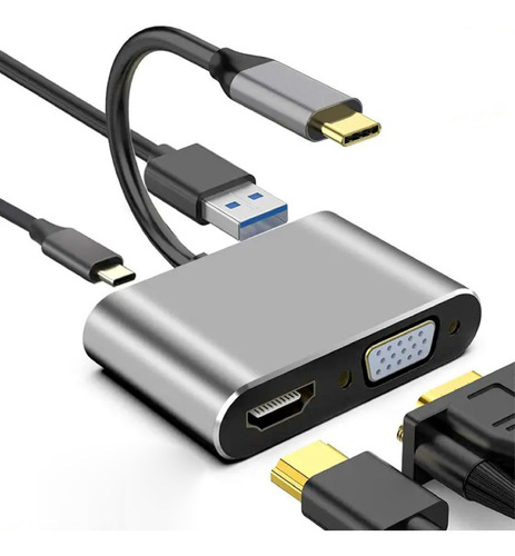 Hub Multipuerto 4 En 1 Hdmi 4k + Vga + Usb 3.0 + Usb Tipo C