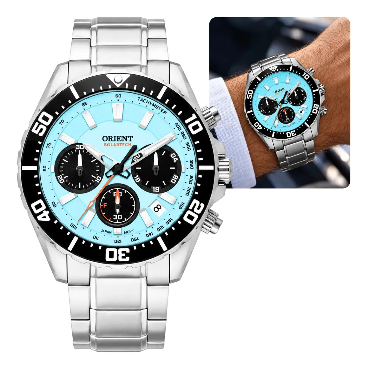 Relógio Orient SolarTech MBSSC288 A1SX Masculino Prateado Bisel Preto Mostrador Azul Celeste Caixa 43mm