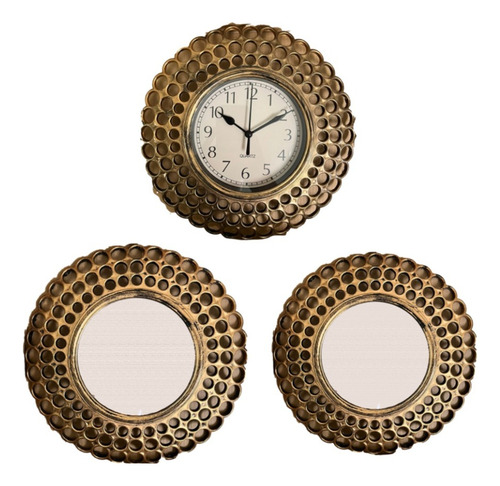 Set De Espejos Decorativos 3 Piezas (2 Espejos Y 1 Reloj)