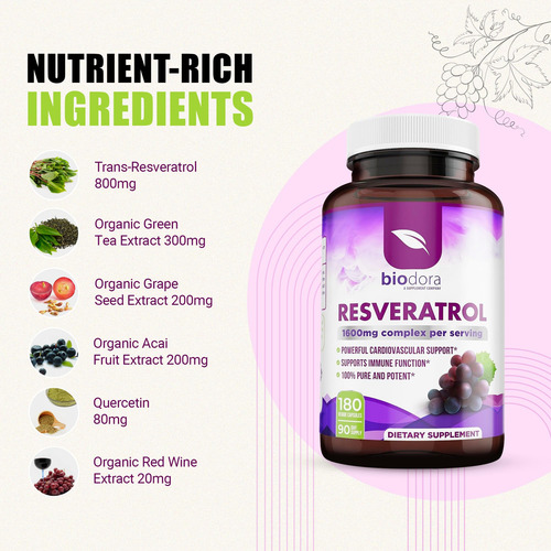 Suplemento Biodora Resveratrol 1600 Mg Con Té Verde 180 Cáps