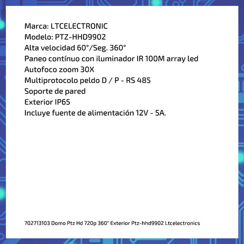 Imagen 2 de 6 de Domo Ptz Hd 720p 360° Exterior Ptz-hhd9902 Ltcelectronics