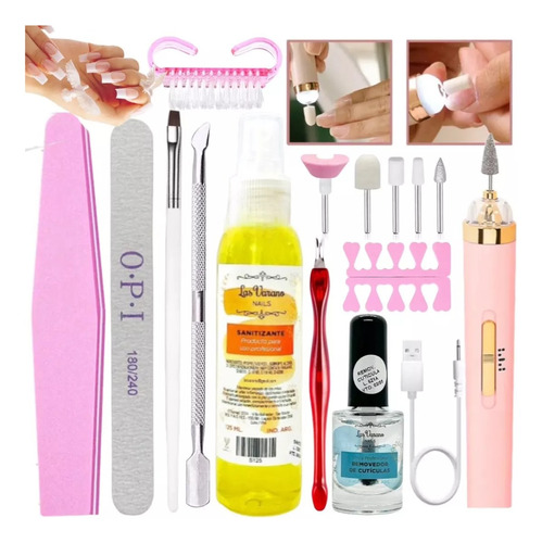 Kit Inicial X10 Manicura Uñas Torno Recargable Lima Pincel