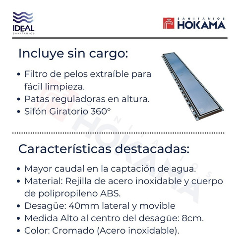 Imagen 3 de 10 de Rejilla Ducha Baño Desague Lineal 60 Cm Larga Receptaculo Ac