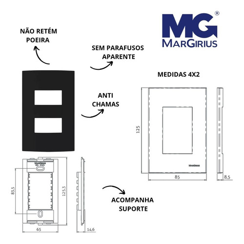 Conj 4x2 2 Teclas Simples Clean Ebony Preto Fosco Margirius