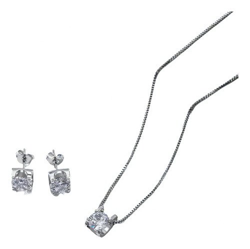 Conjunto Feminino Colar E Brinco Adore Diamante Cz Premium Cor Prateado