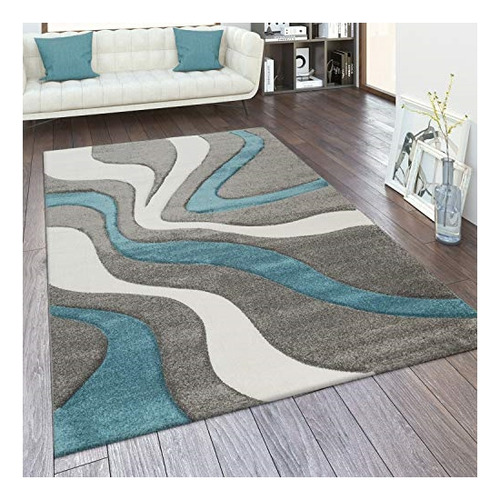 Alfombra De Área Gris Y Azul Blanco Patrón De Onda Moderno