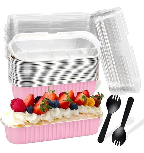 Banna 50 Molde Aluminio Desechable 200ml Con Tapa, 6.8 Oz/200ml Moldes Para Tartas, Molde Rectangular De Papel De Aluminio Para Tartas, Para Picnics, Barbacoas, Camping, Bodas, Fiestas , Rosa