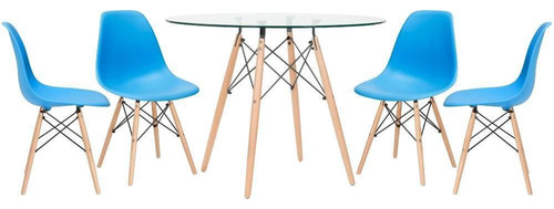 Kit Mesa Eames Wood 100 Cm Tampo Vidro 4 Cadeiras Eiffel Cor da tampa Azul-céu