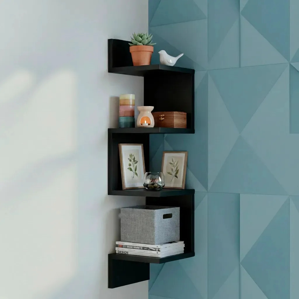 Prateleira Estante Livros Nicho De Canto Reto Mdf Branco Cor Preto