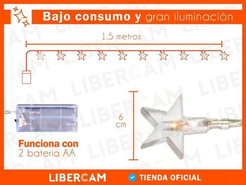 Imagen 4 de 10 de Guirnalda Estrellas Tira Luz Led Calida Amarilla A Pila